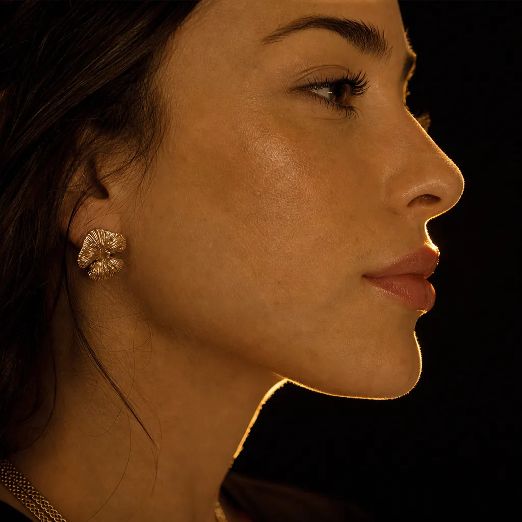 Harmonização facial — luz dourada sobre fundo preto, clima Três Odontologia